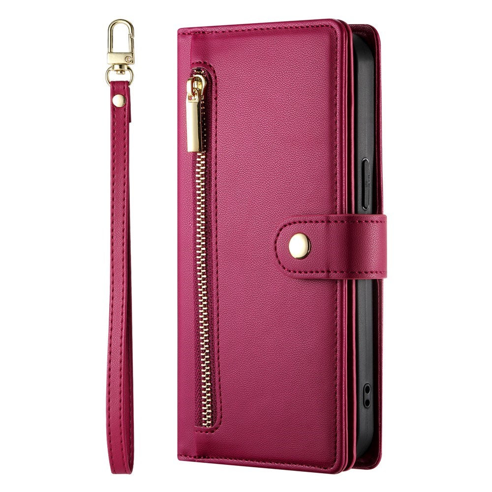 EIDERWOOD iPhone 17 Pro Max Flip Case with Card Holder / Zipper Pocket / Strap - Red
