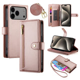 EIDERWOOD iPhone 17 Pro Max Flip Case with Card Holder / Zipper Pocket / Strap - Rose Gold