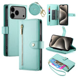 EIDERWOOD iPhone 17 Pro Max Flip Case with Card Holder / Zipper Pocket / Strap - Turquoise