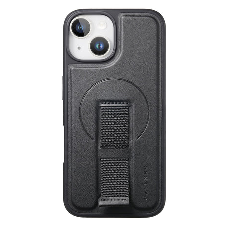 iPhone 14 / 13 Hard Plastic Case with Faux Leather Back & Finger Strap - MagSafe Compatible - Black