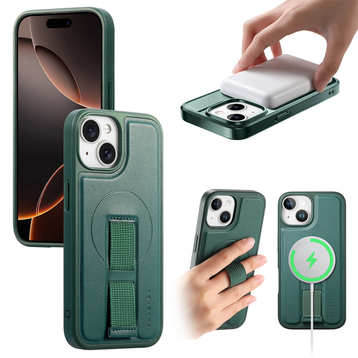 iPhone 14 / 13 Hard Plastic Case with Faux Leather Back & Finger Strap - MagSafe Compatible - Green