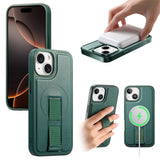 iPhone 14 / 13 Hard Plastic Case with Faux Leather Back & Finger Strap - MagSafe Compatible - Green