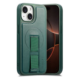 iPhone 14 / 13 Hard Plastic Case with Faux Leather Back & Finger Strap - MagSafe Compatible - Green
