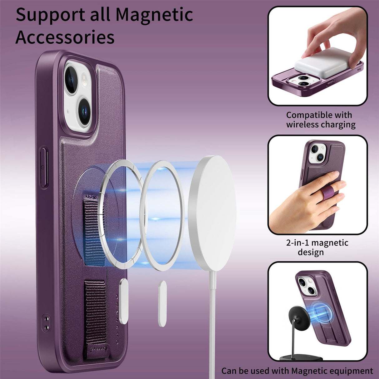 iPhone 14 / 13 Hard Plastic Case with Faux Leather Back & Finger Strap - MagSafe Compatible - Purple