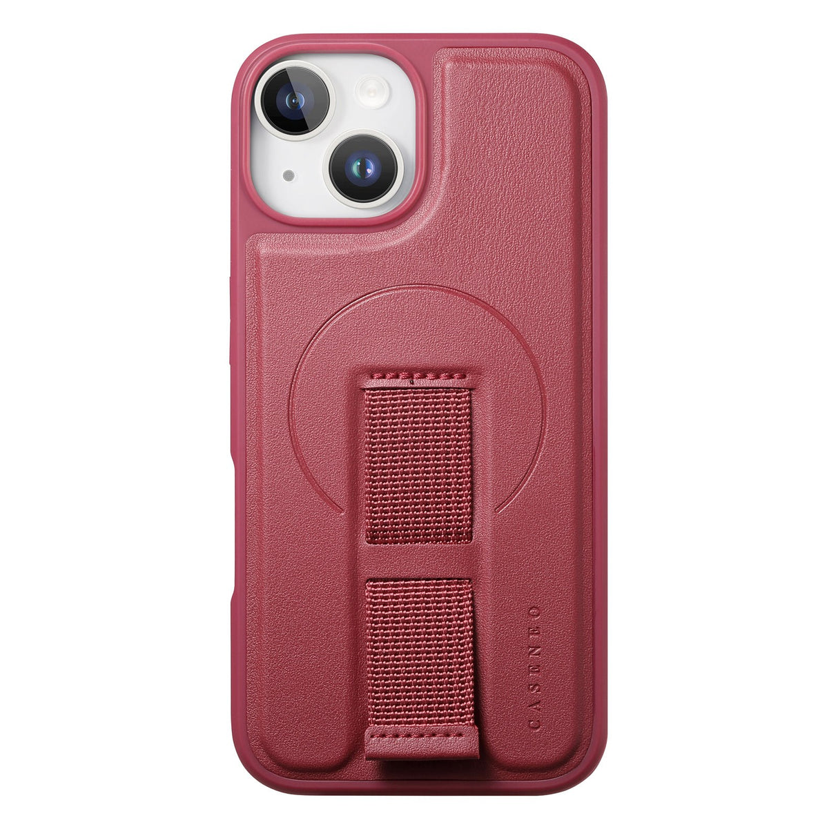 iPhone 14 / 13 Hard Plastic Case with Faux Leather Back & Finger Strap - MagSafe Compatible - Red
