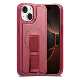 iPhone 14 / 13 Hard Plastic Case with Faux Leather Back & Finger Strap - MagSafe Compatible - Red