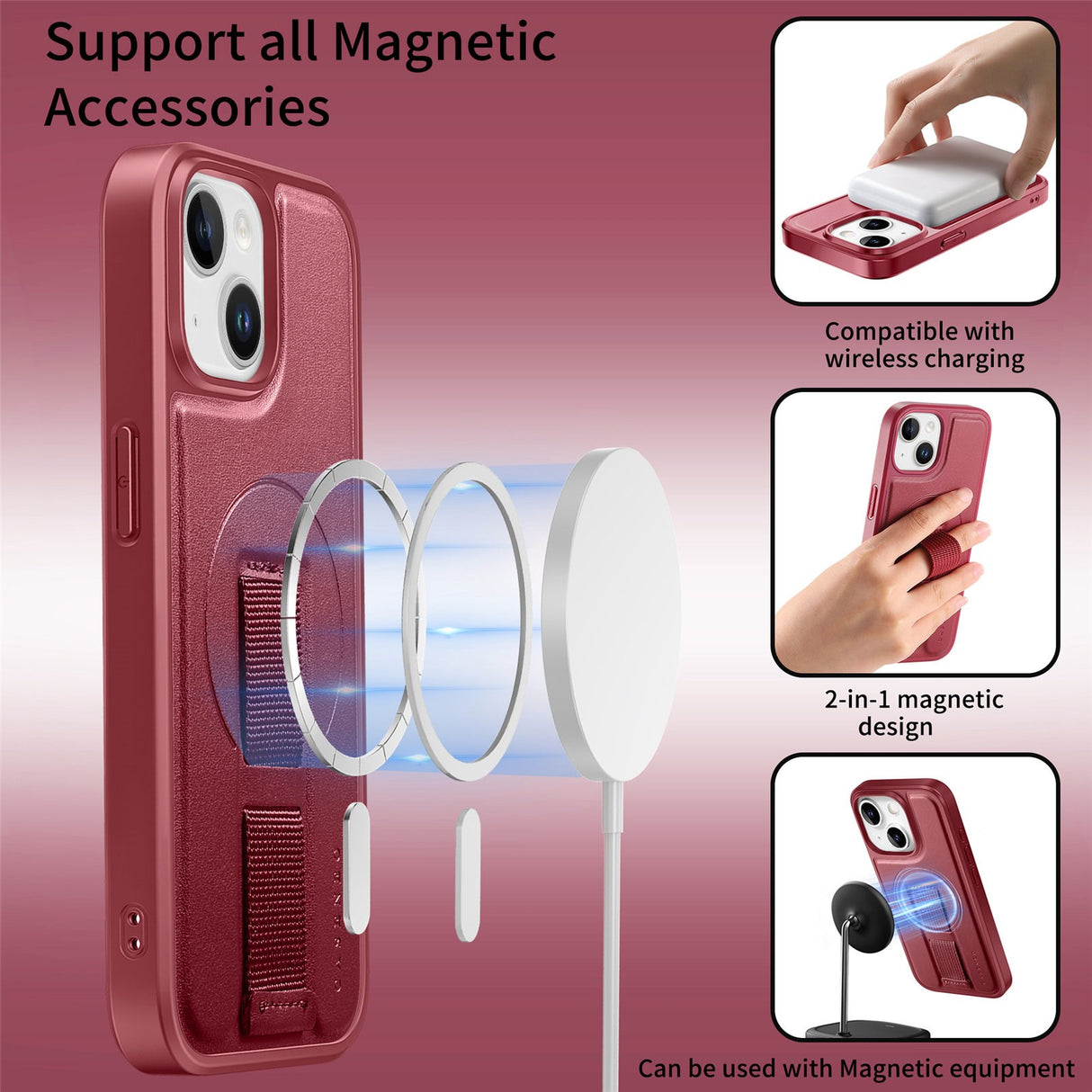 iPhone 14 / 13 Hard Plastic Case with Faux Leather Back & Finger Strap - MagSafe Compatible - Red