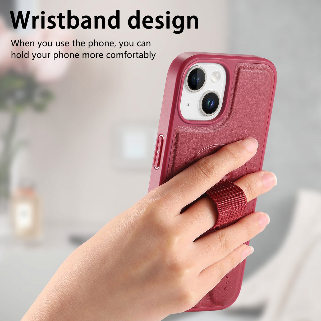 iPhone 14 / 13 Hard Plastic Case with Faux Leather Back & Finger Strap - MagSafe Compatible - Red