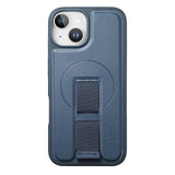 iPhone 14 / 13 Hard Plastic Case with Faux Leather Back & Finger Strap - MagSafe Compatible - Blue