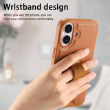 iPhone 16 Hard Plastic Case with Faux Leather Back & Finger Strap - MagSafe Compatible - Brown