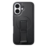 iPhone 16 Hard Plastic Case with Faux Leather Back & Finger Strap - MagSafe Compatible - Black
