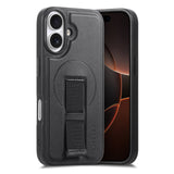 iPhone 16 Hard Plastic Case with Faux Leather Back & Finger Strap - MagSafe Compatible - Black