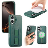 iPhone 16 Hard Plastic Case with Faux Leather Back & Finger Strap - MagSafe Compatible - Green
