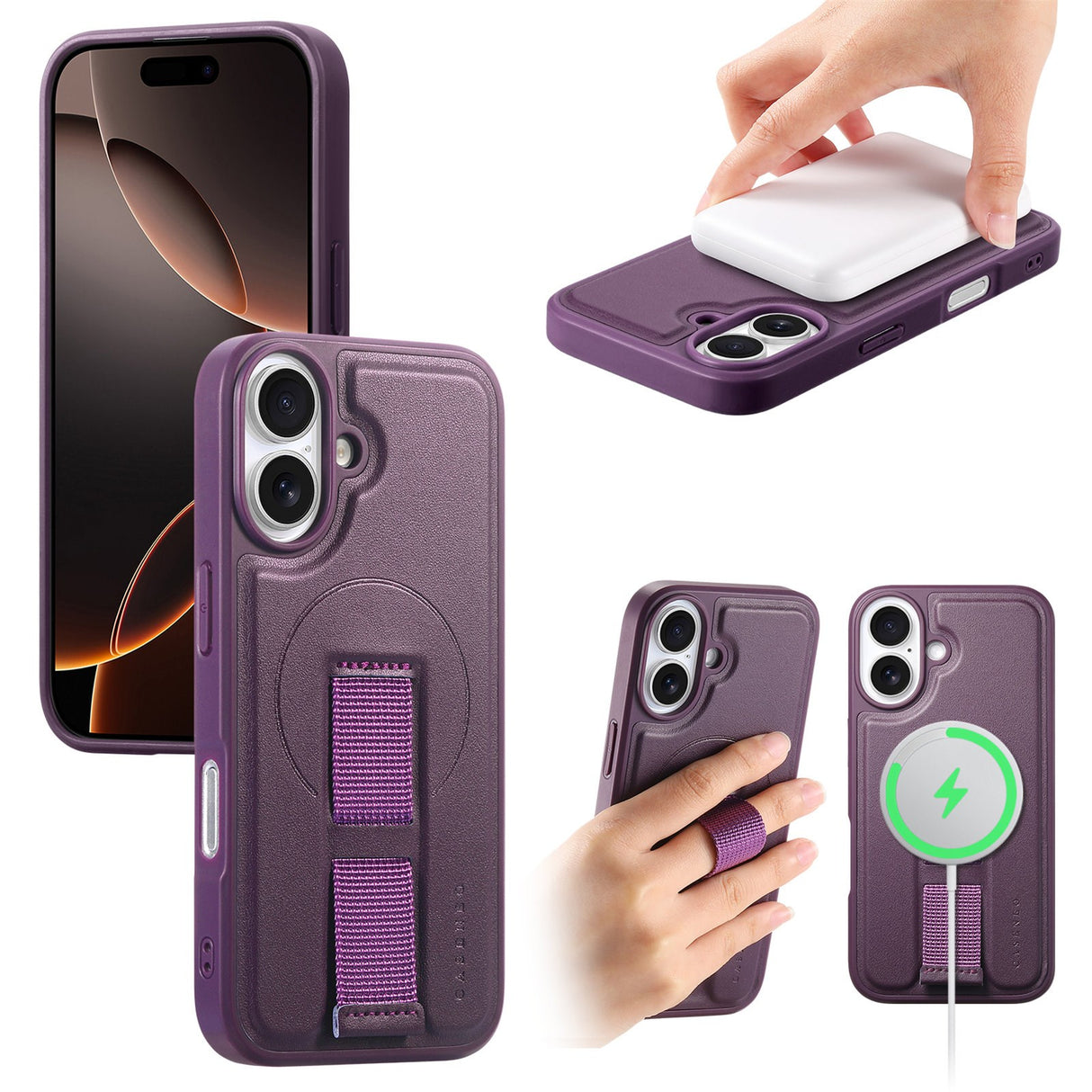iPhone 16 Hard Plastic Case with Faux Leather Back & Finger Strap - MagSafe Compatible - Purple