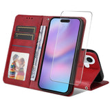 EIDERWOOD iPhone 17 2-in-1 Faux Leather Flip Case with Screen Protector Glass - Red