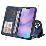 EIDERWOOD iPhone 17 2-in-1 Faux Leather Flip Case with Screen Protector Glass - Blue