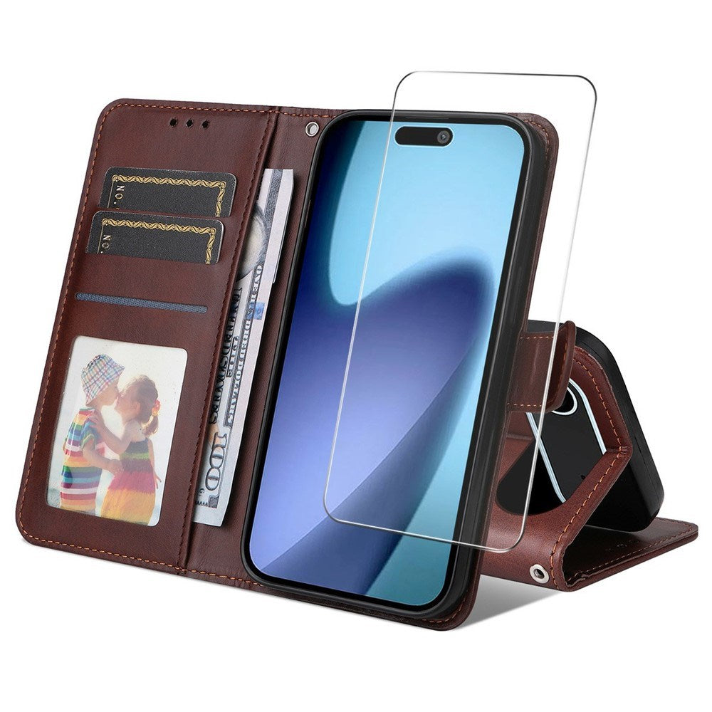 EIDERWOOD iPhone Air 2-in-1 Faux Leather Flip Case with Screen Protector Glass - Brown