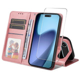 EIDERWOOD iPhone Air 2-in-1 Faux Leather Flip Case with Screen Protector Glass - Pink