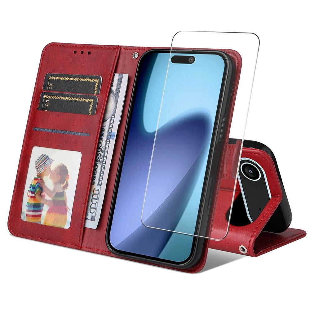 EIDERWOOD iPhone Air 2-in-1 Faux Leather Flip Case with Screen Protector Glass - Red