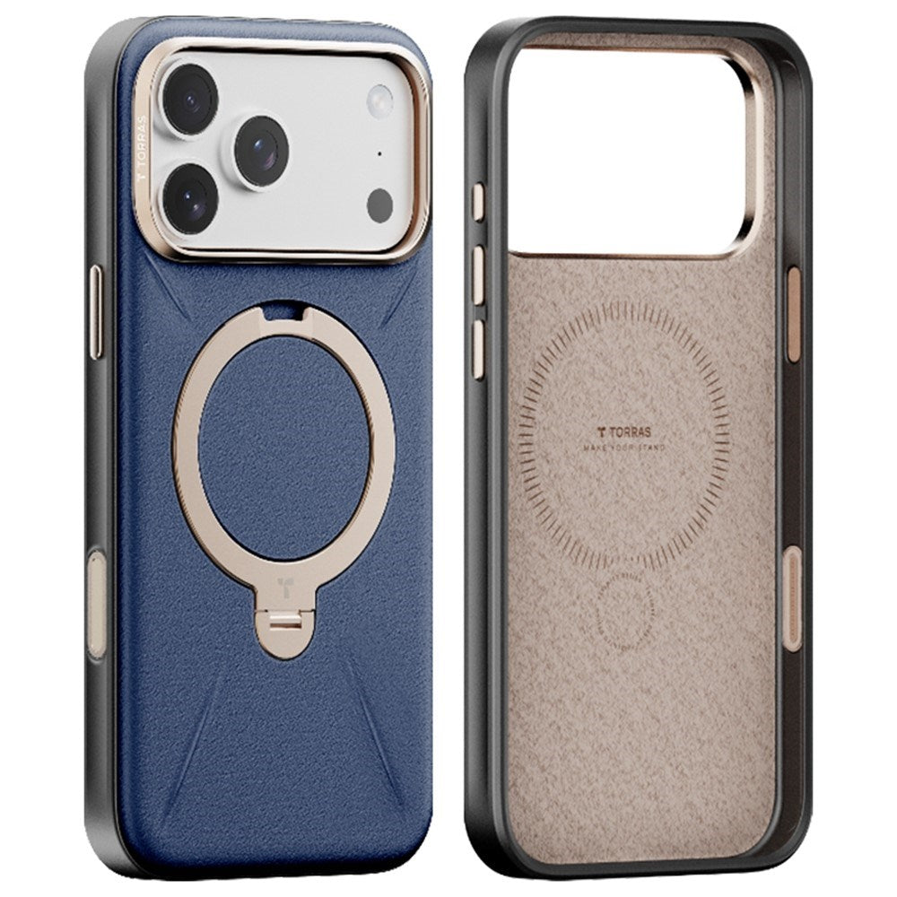 TORRAS iPhone 17 Pro Ostand Spin Faux Leather Case with Rotating Kickstand - MagSafe Compatible - Blue