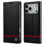 iPhone 18 Pro / 17 Pro LC.IMEEKE Artificial Leather Flip Case with Carbon Fiber - Black / Red Horizontal Stripe