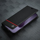 iPhone 18 Pro / 17 Pro LC.IMEEKE Artificial Leather Flip Case with Carbon Fiber - Black / Red Horizontal Stripe