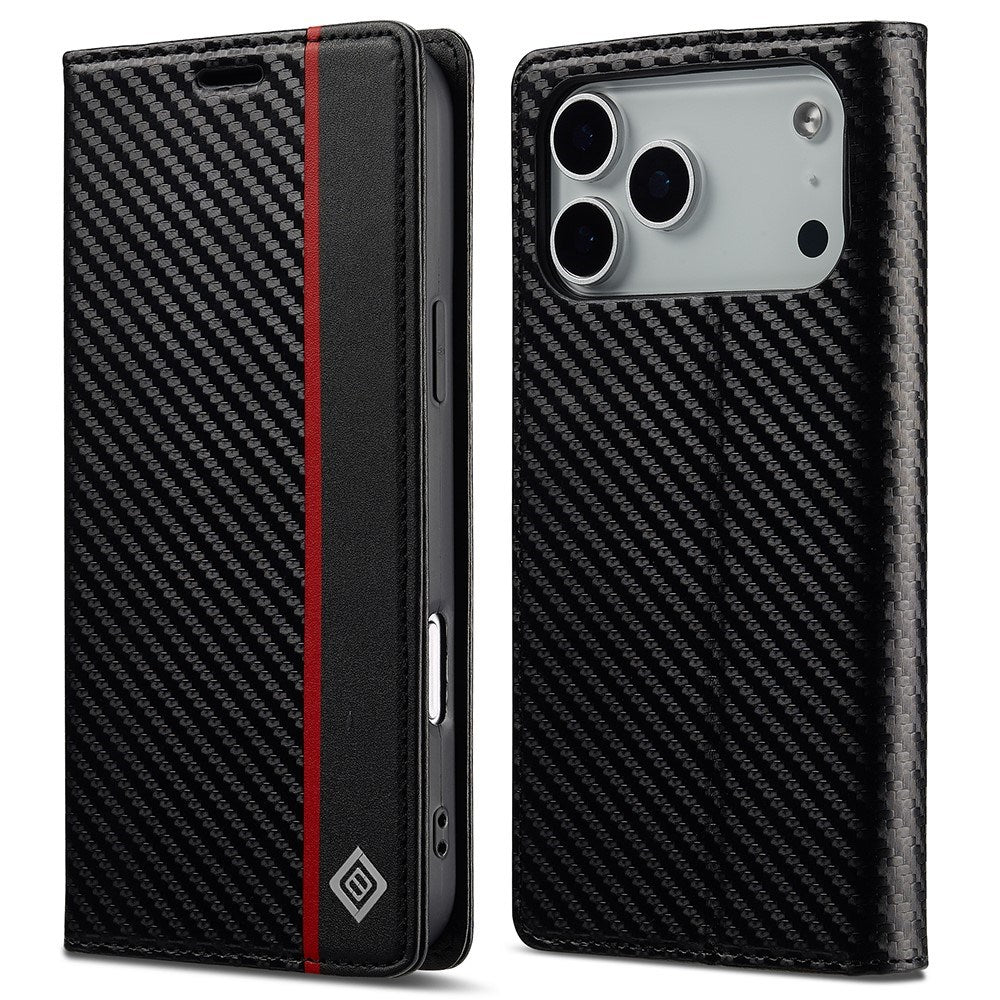 iPhone 18 Pro / 17 Pro LC.IMEEKE Artificial Leather Flip Case with Carbon Fiber - Black / Red Vertical Stripe