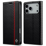 iPhone 18 Pro Max / 17 Pro Max LC.IMEEKE Artificial Leather Flip Case with Carbon Fiber - Black / Red Vertical Stripe