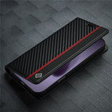 iPhone 18 Pro Max / 17 Pro Max LC.IMEEKE Artificial Leather Flip Case with Carbon Fiber - Black / Red Vertical Stripe