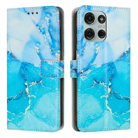 EIDERWOOD Motorola Moto G56 Marble Patterned Faux Leather Flip Case with Strap - Blue