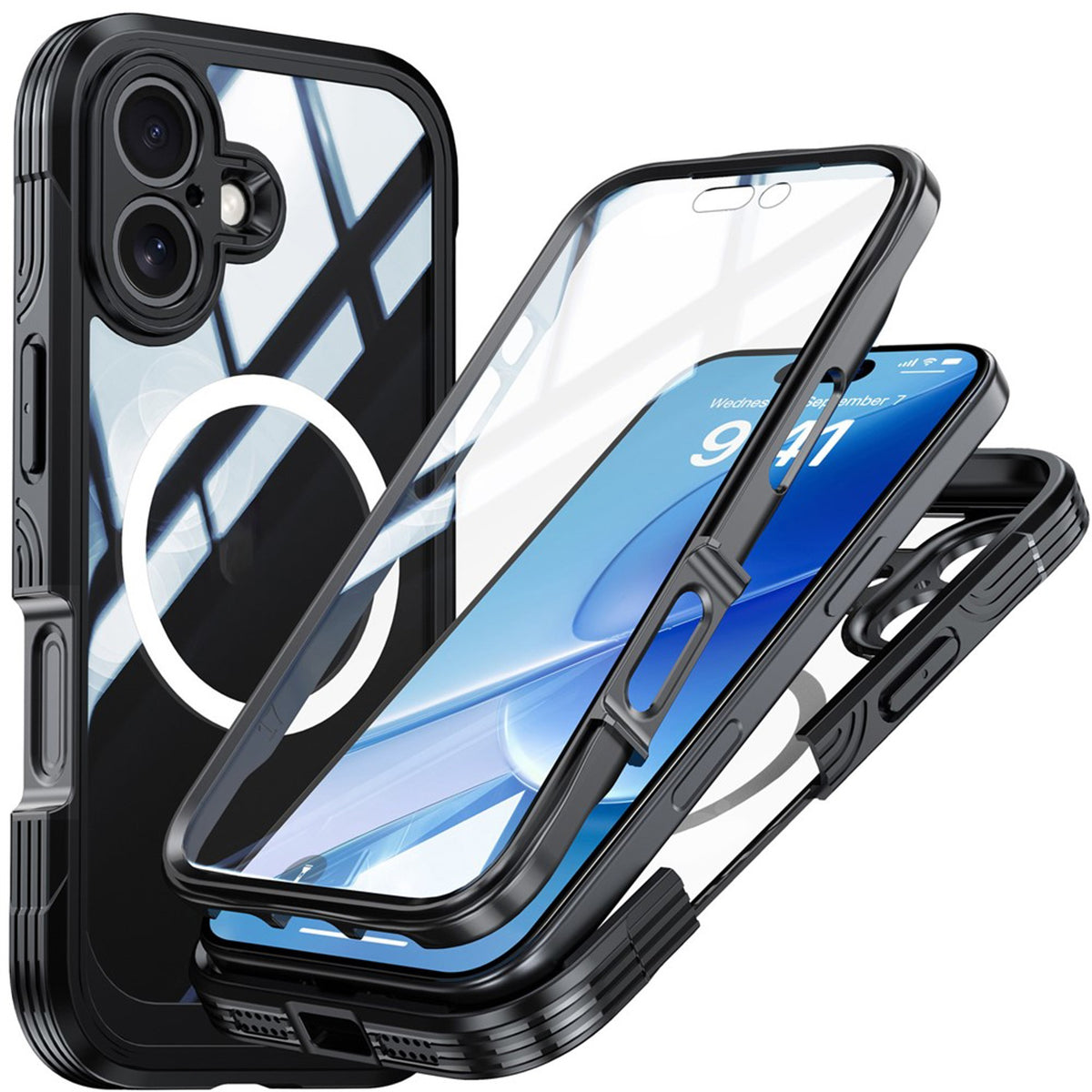 iPhone 17 Hybrid Plastic Case with Built-In Screen Protector - MagSafe Compatible - Transparent / Black