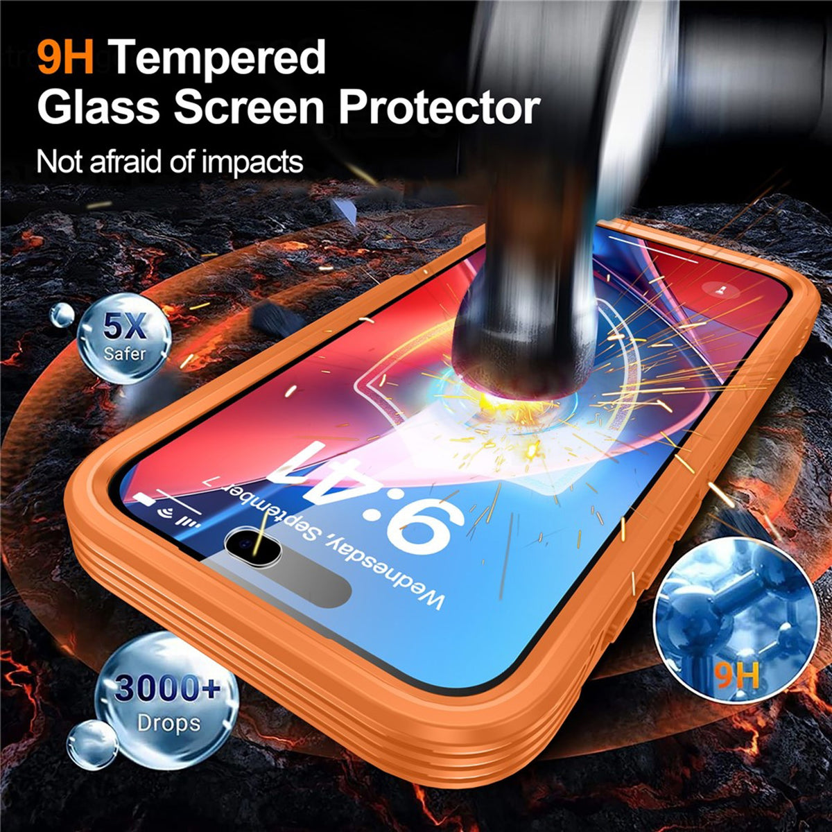 iPhone 18 Pro / 17 Pro Hybrid Plastic Case with Built-In Screen Protector - MagSafe Compatible - Transparent / Orange