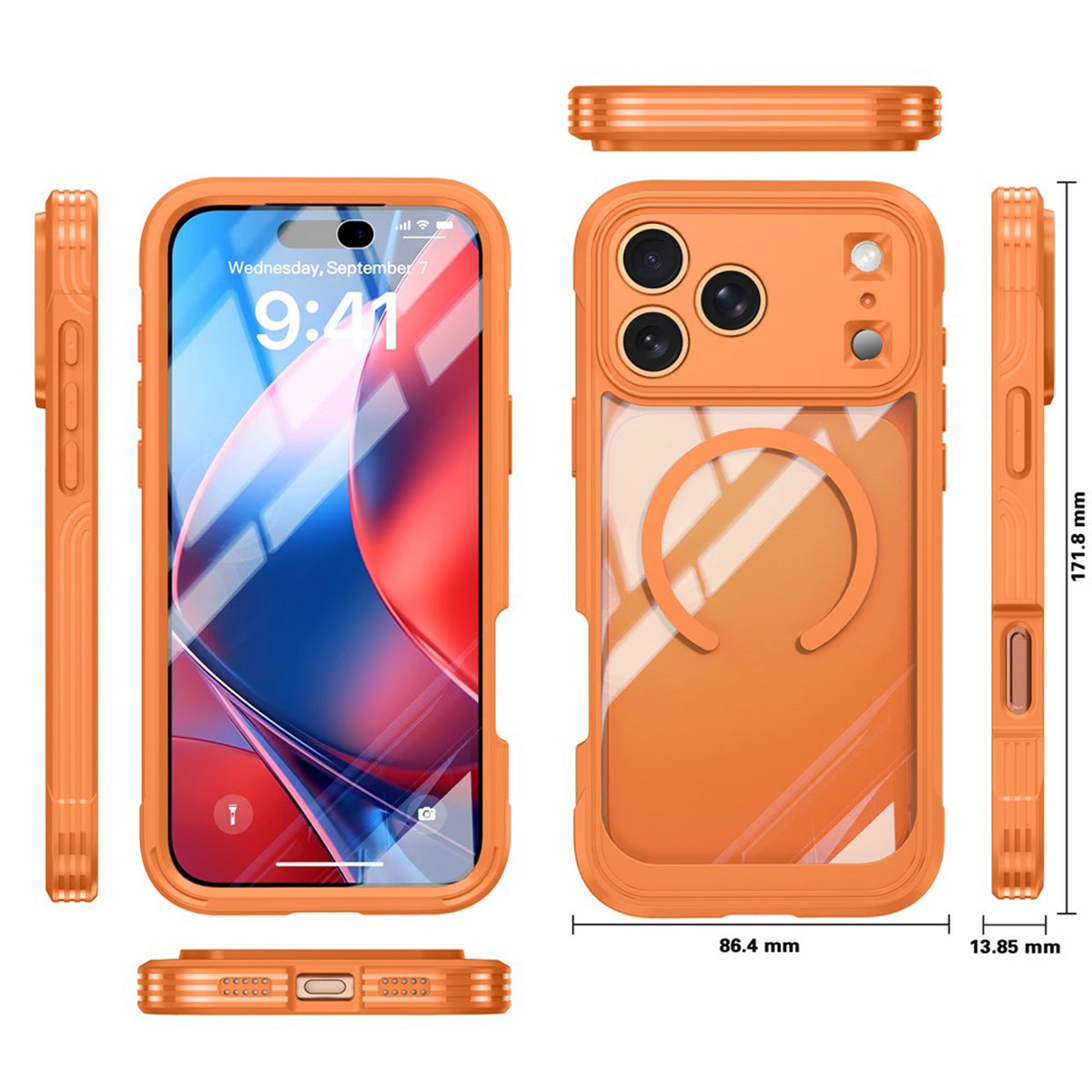iPhone 18 Pro / 17 Pro Hybrid Plastic Case with Built-In Screen Protector - MagSafe Compatible - Transparent / Orange