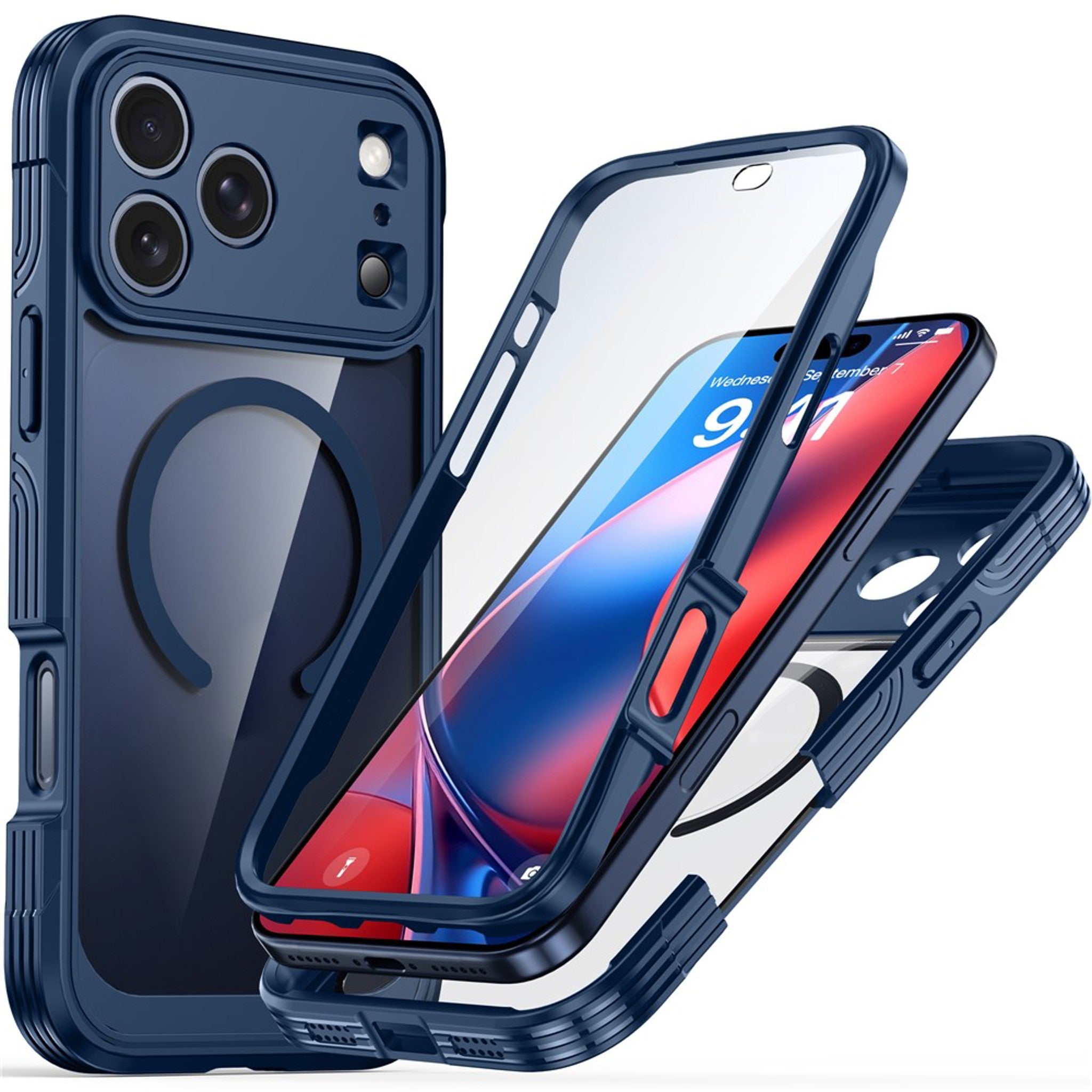 iPhone 18 Pro / 17 Pro Hybrid Plastic Case with Built-In Screen Protector - MagSafe Compatible - Transparent / Blue