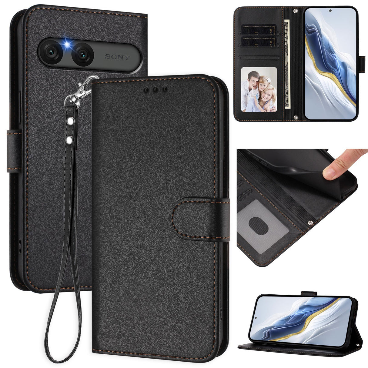 EIDERWOOD Sony Xperia 10 VII Faux Leather Flip Case with Card Holder & Strap - Black