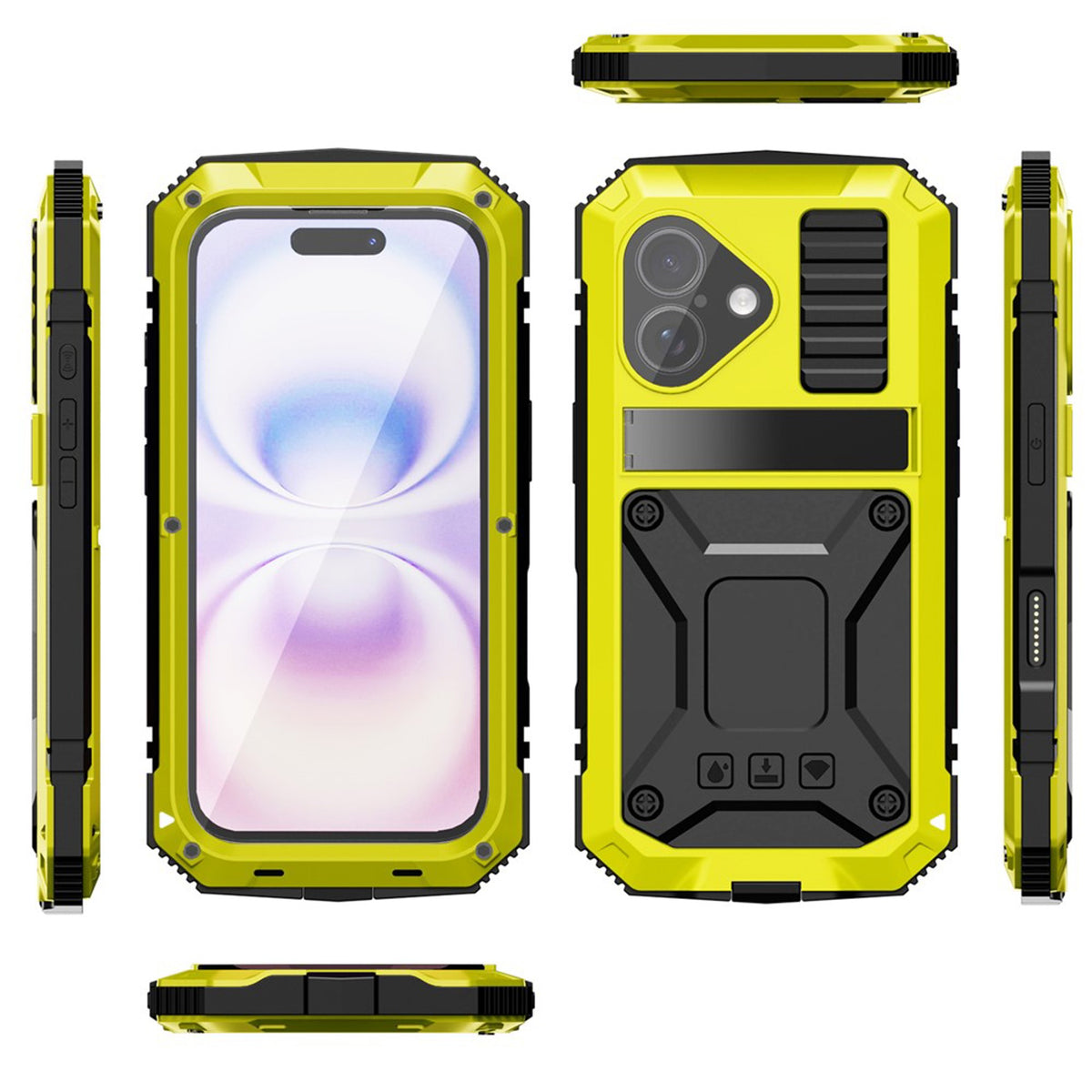 iPhone 17 R-JUST Hybrid Rugged Case with Built-In Screen Protector & Kickstand - Yellow