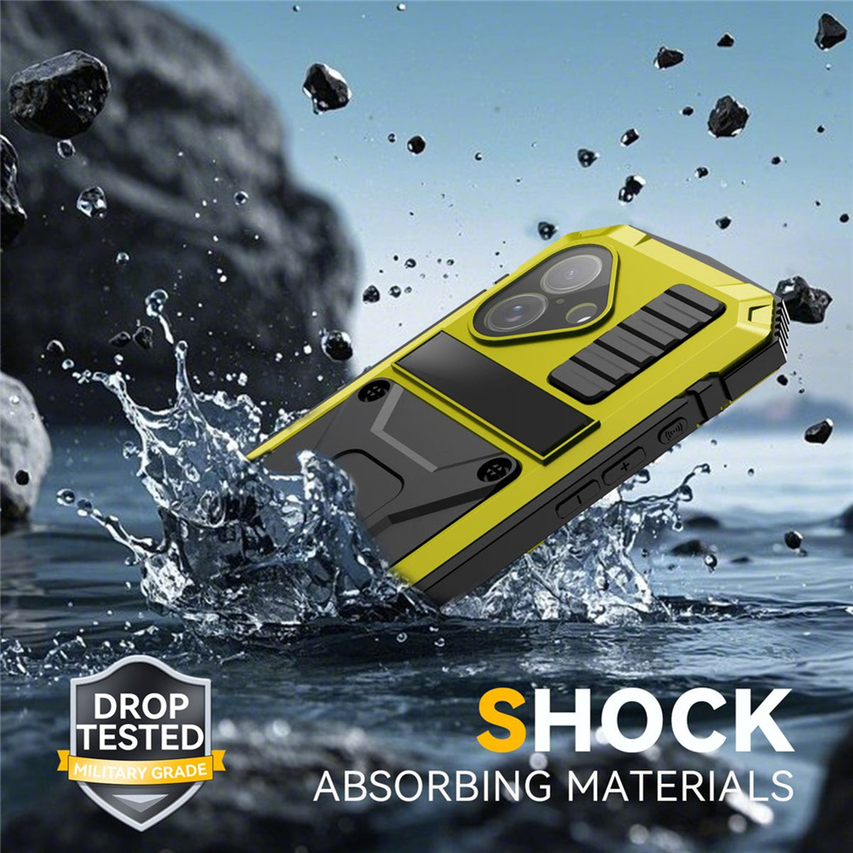 iPhone 17 R-JUST Hybrid Rugged Case with Built-In Screen Protector & Kickstand - Yellow