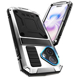 iPhone 17 R-JUST Hybrid Rugged Case with Built-In Screen Protector & Kickstand - Silver