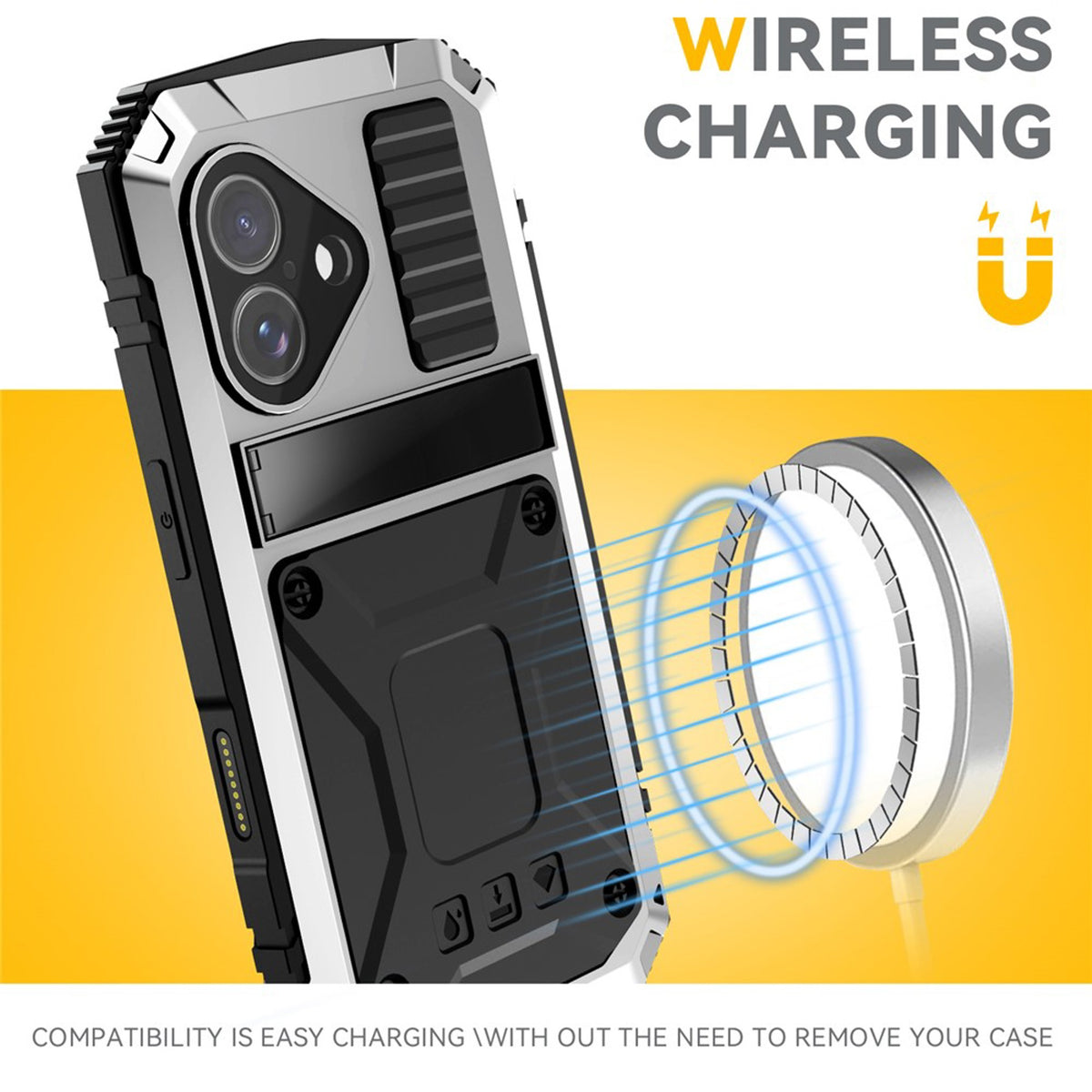 iPhone 17 R-JUST Hybrid Rugged Case with Built-In Screen Protector & Kickstand - Silver