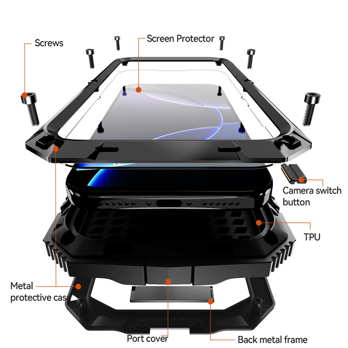iPhone 18 Pro / 17 Pro R-JUST Hybrid Rugged Case with Built-In Screen Protector & Kickstand - Black
