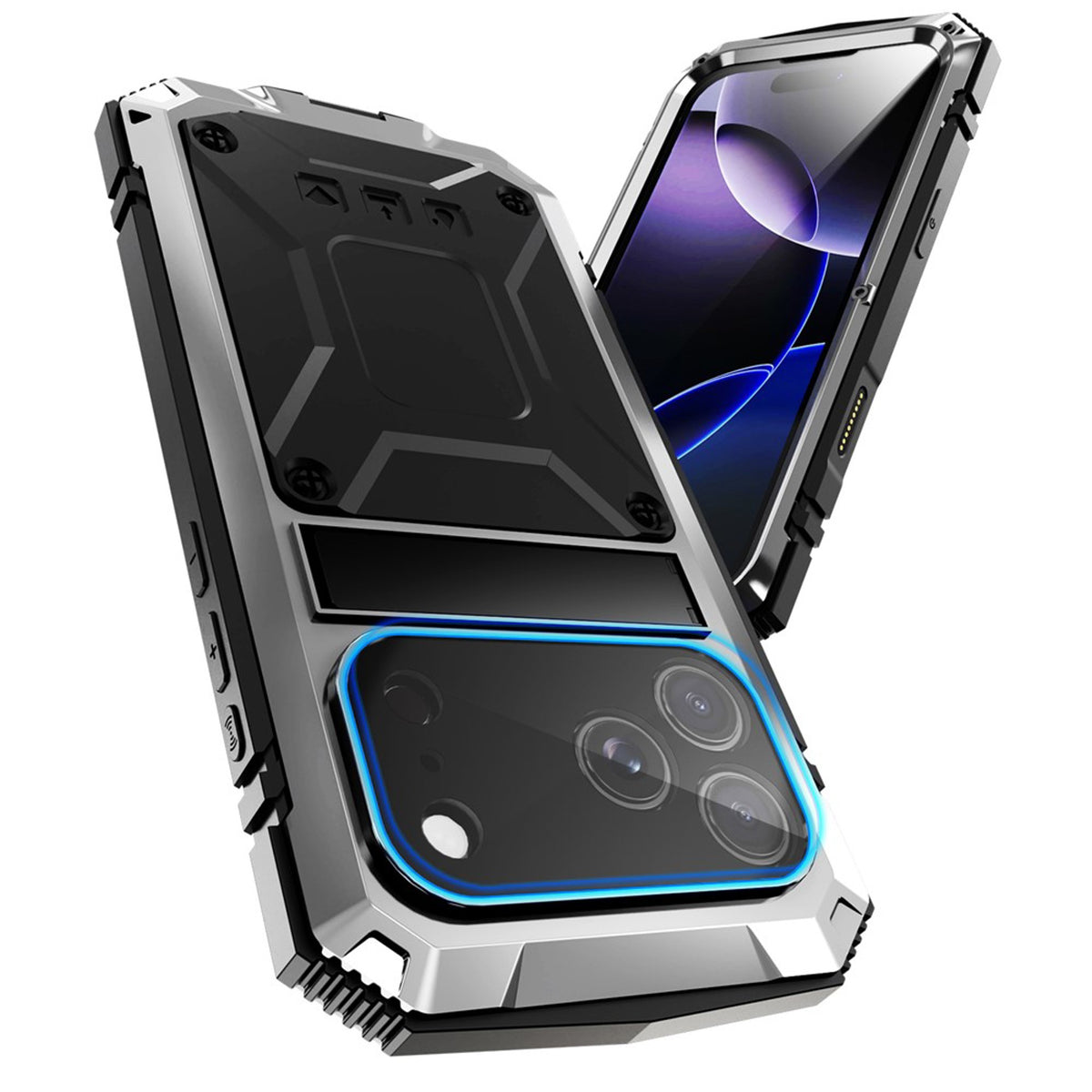 iPhone 18 Pro / 17 Pro R-JUST Hybrid Rugged Case with Built-In Screen Protector & Kickstand - Silver