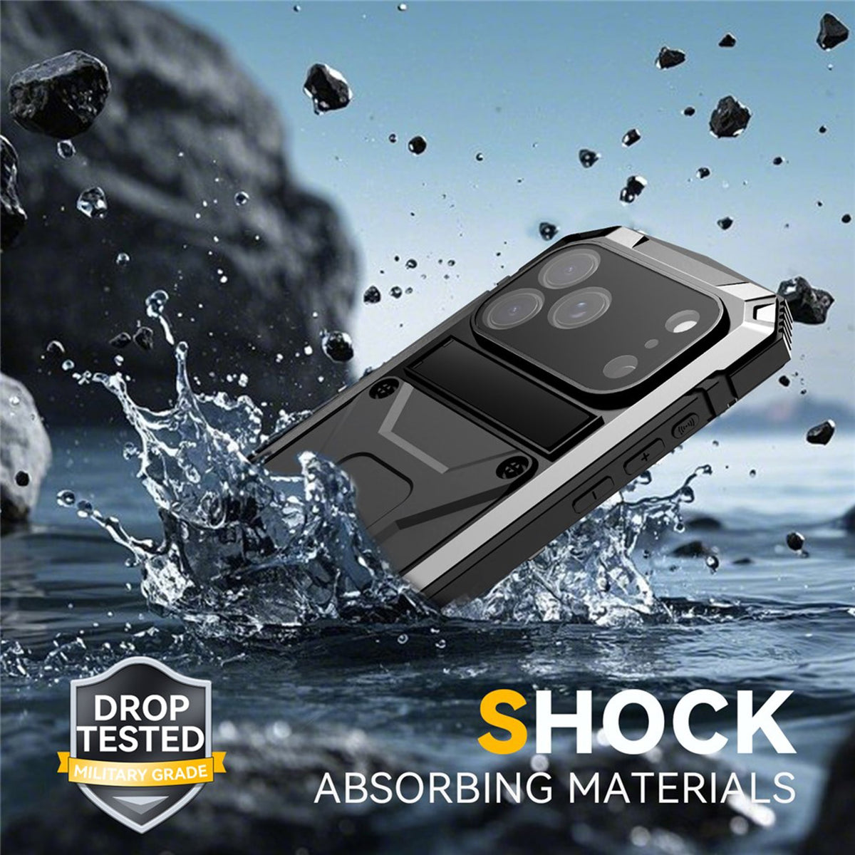 iPhone 18 Pro / 17 Pro R-JUST Hybrid Rugged Case with Built-In Screen Protector & Kickstand - Silver