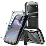 iPhone 18 Pro Max / 17 Pro Max R-JUST Hybrid Rugged Case with Built-In Screen Protector & Kickstand - Silver