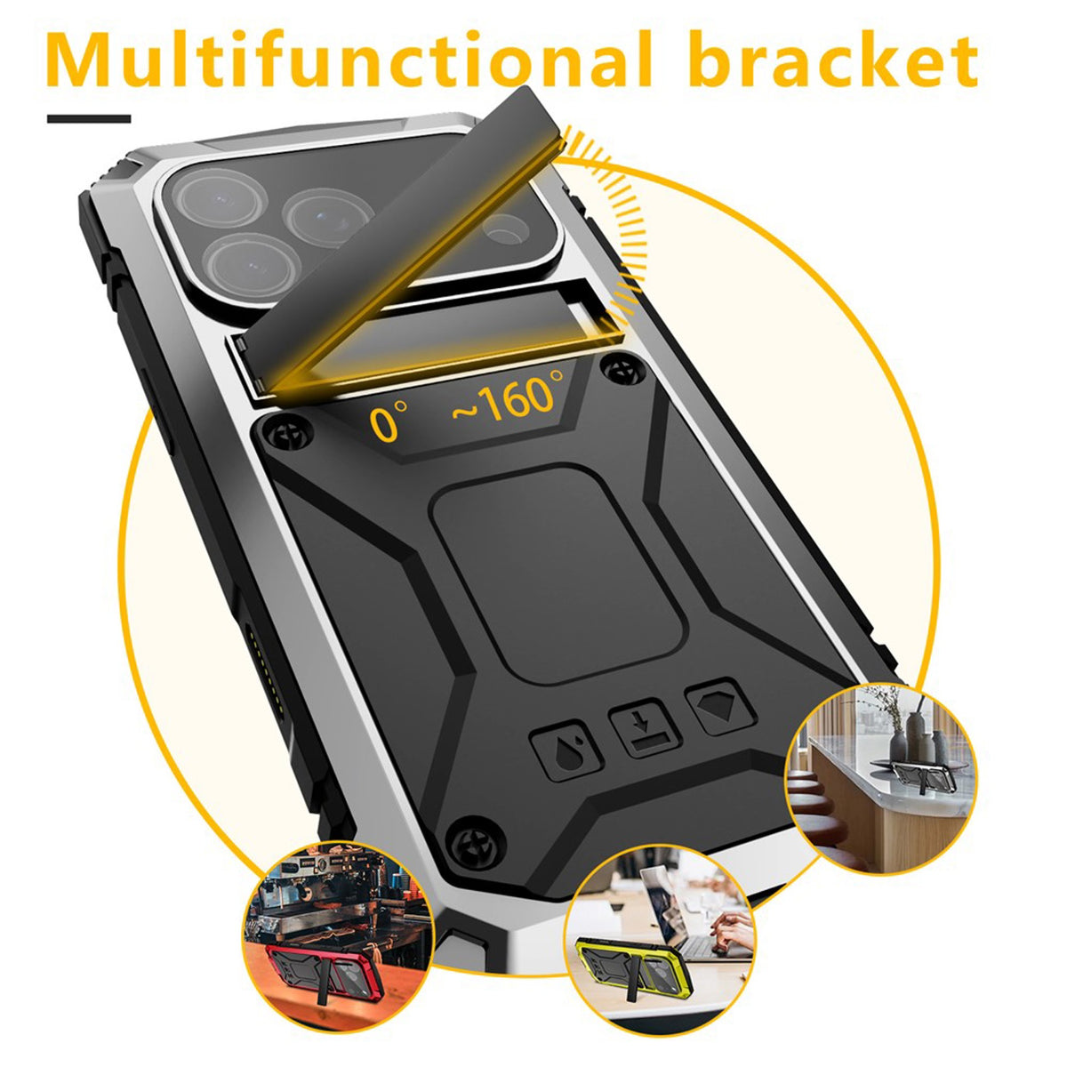 iPhone 18 Pro Max / 17 Pro Max R-JUST Hybrid Rugged Case with Built-In Screen Protector & Kickstand - Silver