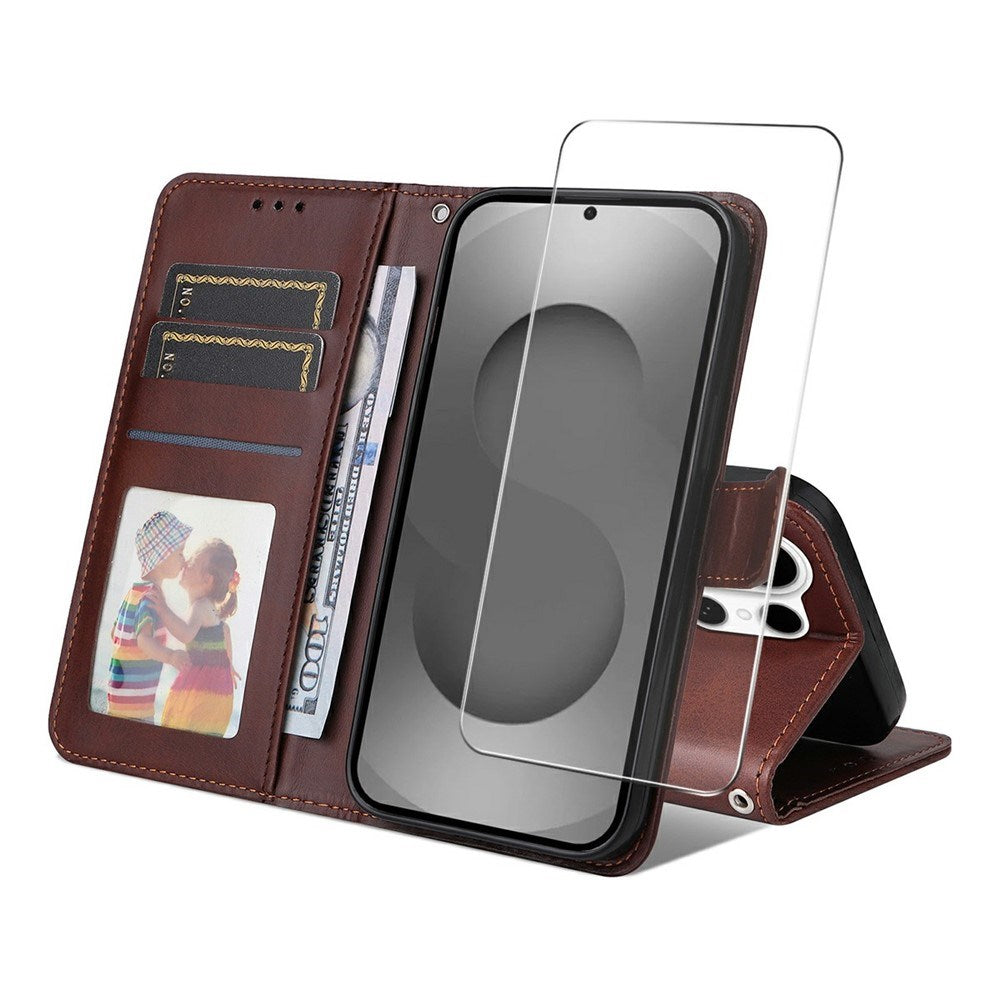 Samsung Galaxy S26 Ultra ENKAY 2-in-1 Faux Leather Flip Case with Screen Protector Glass - Brown