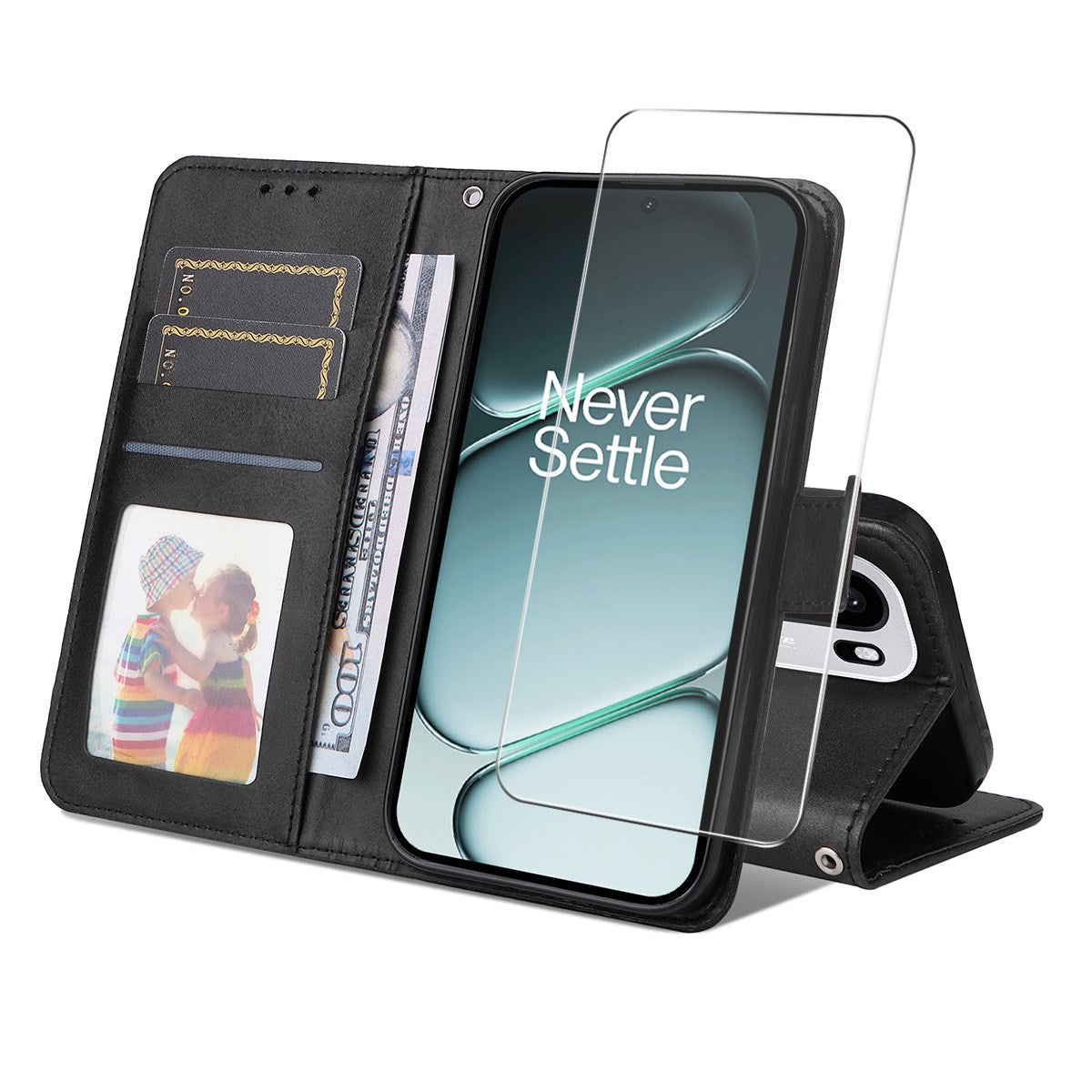 OnePlus 15R ENKAY 2-in-1 Faux Leather Flip Case with Screen Protector Glass - Black