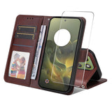 Motorola Edge 70 EIDERWOOD Leather Case with Screen Protector Glass & Card Holder - Brown