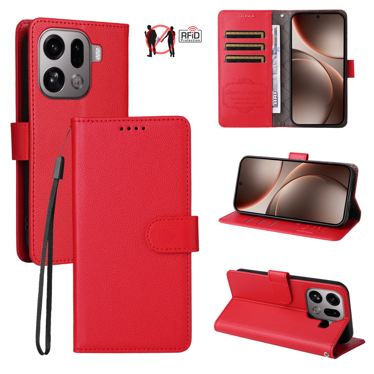 EIDERWOOD Oppo Find X9 Pro Faux Leather Flip Case with Strap - Red