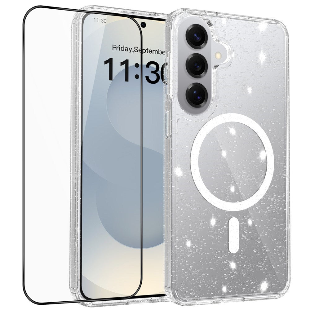 Samsung Galaxy S26+ (Plus) EIDERWOOD Magnetic Plastic Glitter Case with Screen Protector Glass – MagSafe Compatible – Transparent