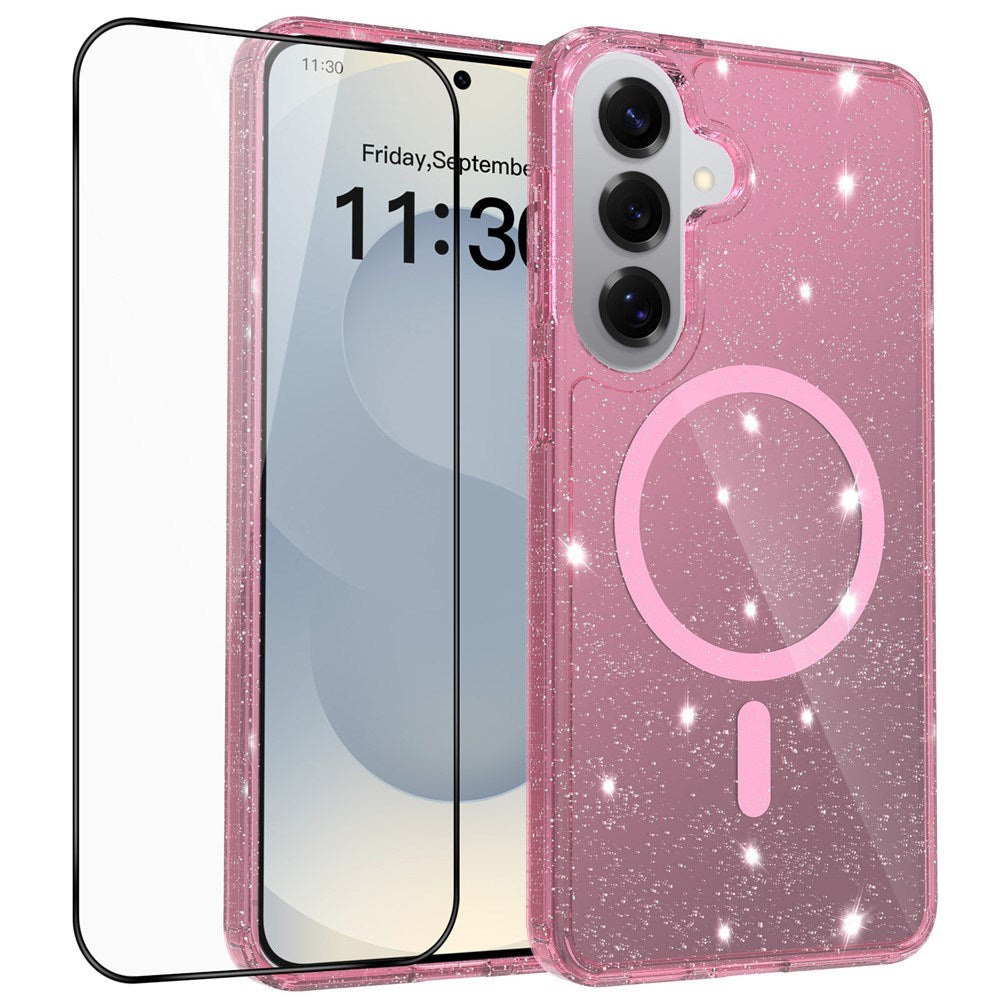 Samsung Galaxy S26+ (Plus) EIDERWOOD Magnetic Plastic Glitter Case with Screen Protector Glass – MagSafe Compatible – Transparent / Pink